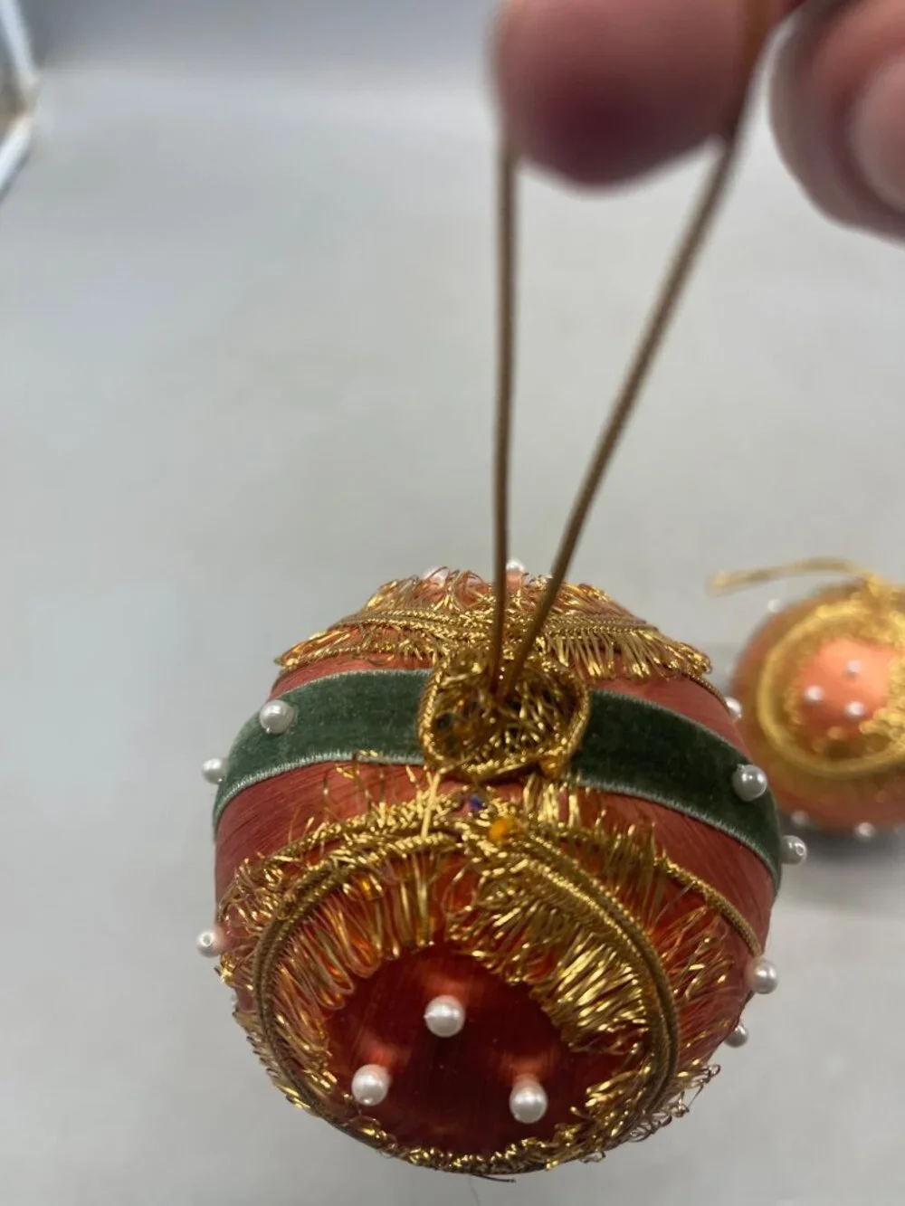 vintage set of 2 silk Christmas ornaments pink embellished green felt faux READ